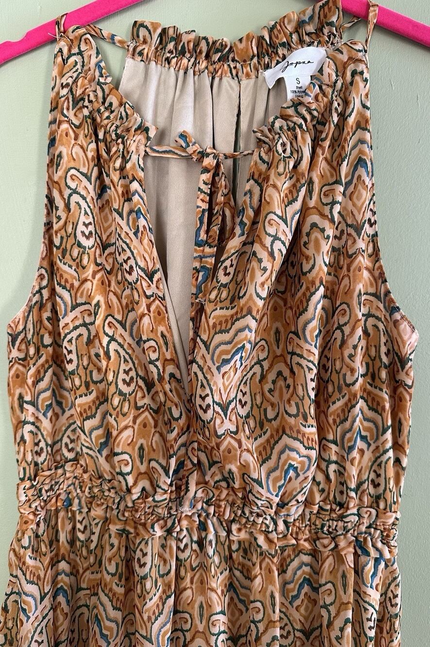 Japna Womens Sz Sm Maxi Dress Halter Style Gold Blue Chiffon Lined Spring Resort